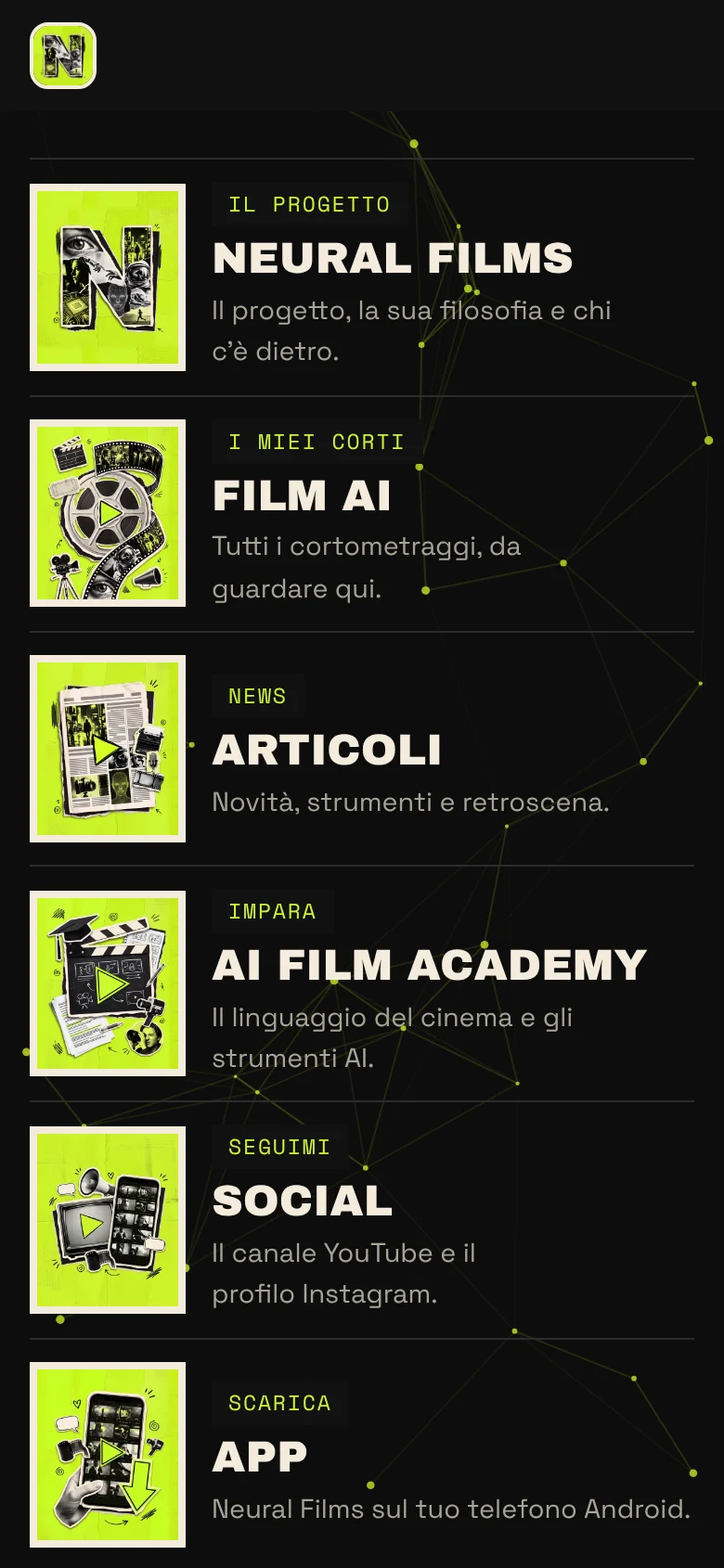 Il menu di Neural Films visto dall'app sul telefono